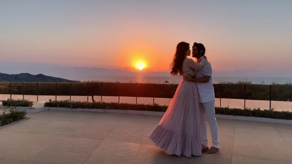 As the sun sets, painting the sky in hues of orange and pink, the moon rises gracefully, casting a silver glow over the serene landscape. Nature's transition unfolds in a harmonious dance of light and shadow.