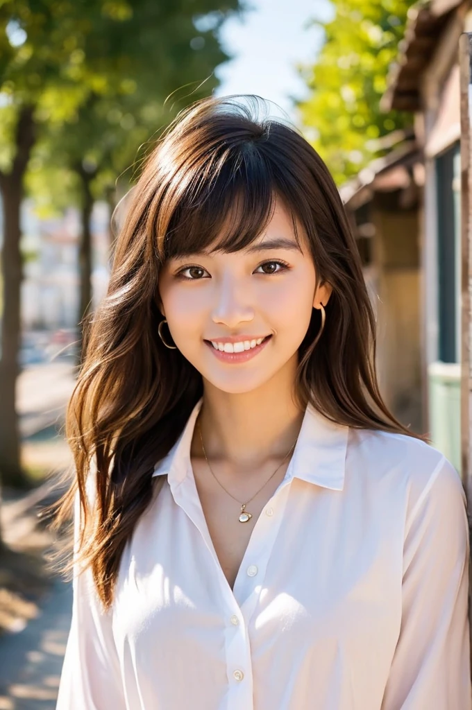 Woman travelling with no money, wearing dirty and tattered clothes and carrying a backpack, rural town in western USA, rental house, senior year in college, ((full body)), ((photo)), ((best qualtiy, 8K, tmasterpiece:1.3)), Focus:1.2, perfect figure beautiful girl:1.4, 1girl, cowboy shot, look at viewer, incredibly absurd, beautiful and cute girl with a photorealistic face, showcasing top-quality craftsmanship, A Japanese woman walking around town as a backpacker, 20 years old, very short brown hair, short bangs, longer hair on the sides, soft hair with a beautiful flow, clear facial features, large light brown eyes, double eyelids, long eyelashes, small nose, plump pink lips, white teeth, impressive smile, gentle eyes, fair and smooth skin, tall, glamorous, slender, 163cm tall, large G-cup breasts, simple and casual style, fashion that emphasizes her chest, earrings, necklace, favorite camera, cheerful and energetic older sister, beautiful girl, pretty, leader, curious, proactive, positive, sticks to her beliefs, sociable, honest, good at encouraging others, polite, walks with a spring in her step, September