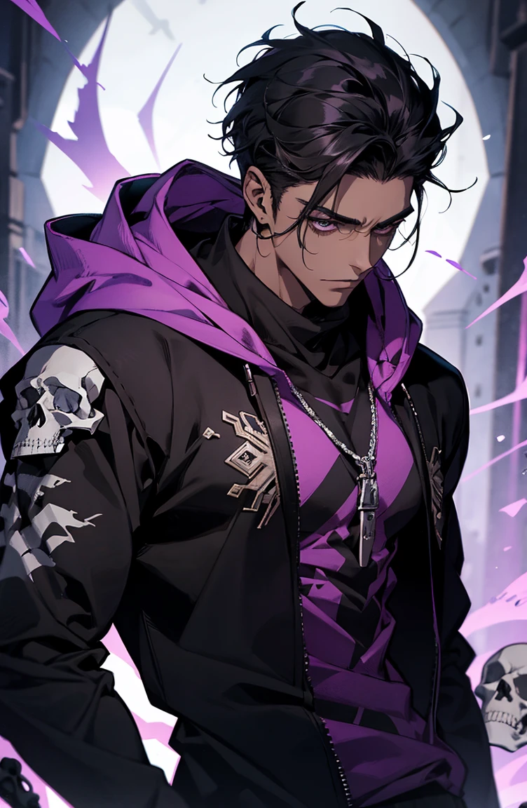 male with bones, looking away from camera, skulls, bones, handsome, black, dark skin, tall, broad shoulders, black hair, purple, purple fire, magic, detailed face, fantasy, hoodie