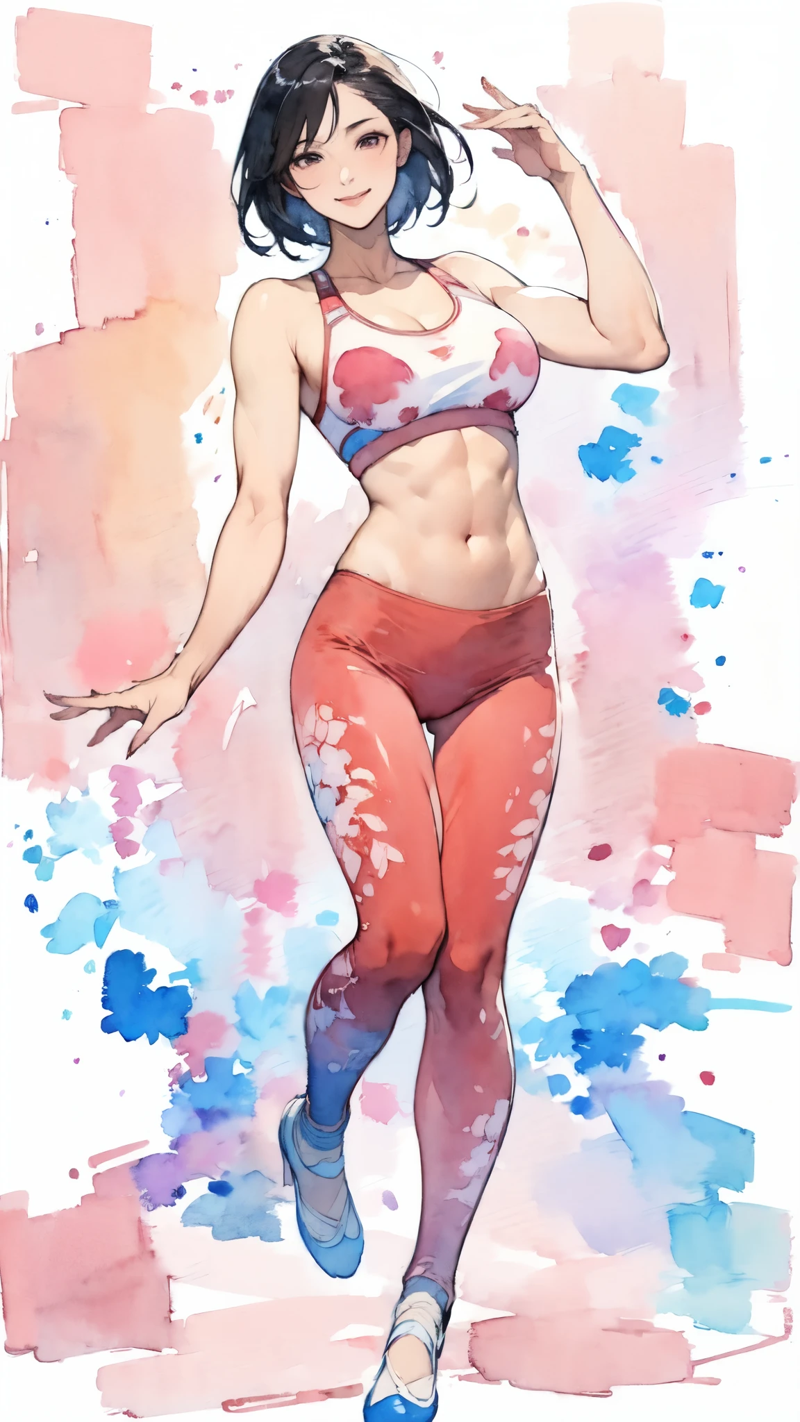 (masterpiece:1.2, Highest quality),(Very detailed),(((watercolor))),8K,wallpaper,(leggings),(Sports Bra),Gravure photoshoot,Middle-aged women,50 years old,Japanese women,ゴージャスなwhole bodyの肖像画,A lovely and delicate face,((Muscular)),(Beautiful Muscles),(Black Hair),(((front))),(((whole body:1.5))),(smile),((Detailed hand drawing)),((Beautiful female hands)),(Big Breasts),(((透明watercolor:1.4))),(((Have a dynamic dance)))