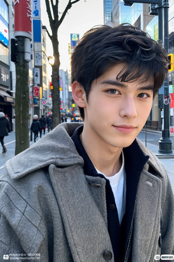 Photorealsitic, 8K full body poster, Beautiful Boys, japanes, An 18-year-old man, A charming expression, detailed face details, TOKYOcty, Winters, Shibuya in the background