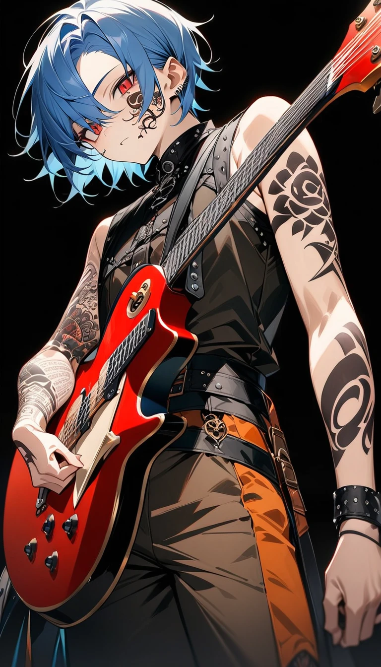 (((masterpiece,Highest quality))),((A male anime character with short blue hair, red eyes, and a tattooed upper arm wearing a visual kei outfit, holding a guitar)),((Steampunk-style electric guitar)),((Steampunk-style electric guitarを持って立っている)),(((Small top hat,Tattoos on the right side of the face and on the arm))),(((Black Background))),Focus on the whole body,(high quality),アニメ