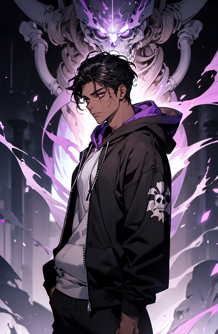 male with bones, looking away from camera, skulls, bones, handsome, black, dark skin, tall, broad shoulders, black hair, purple, purple fire, magic, detailed face, fantasy, hoodie