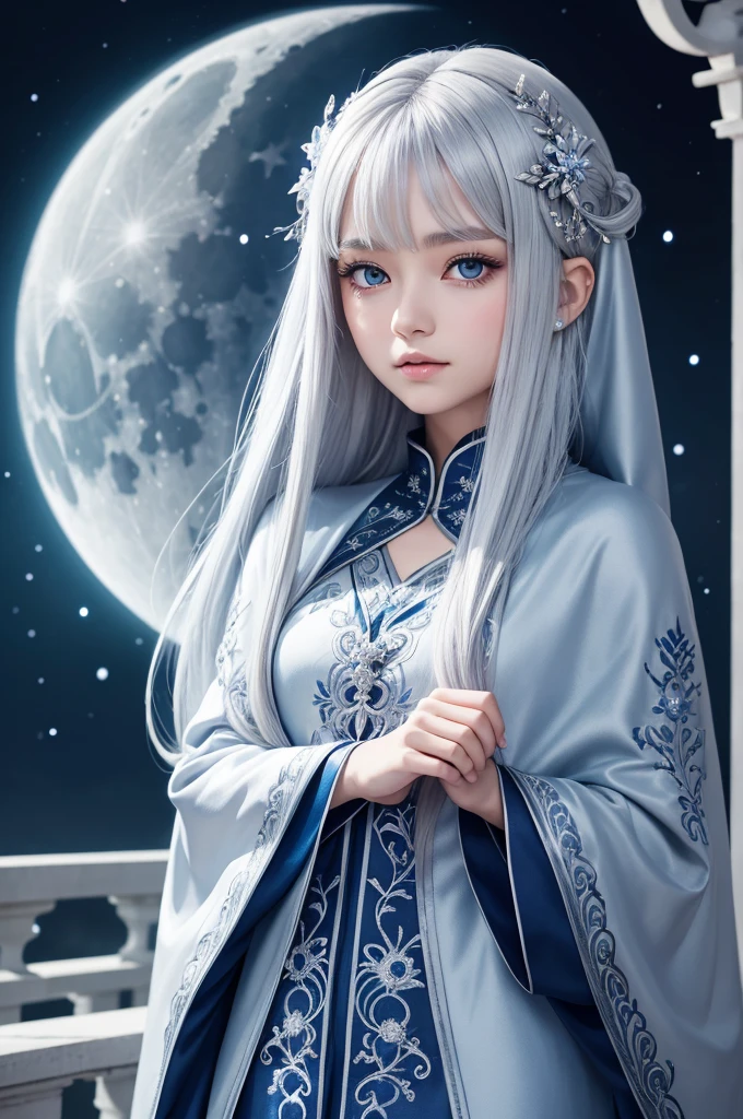 Peesonage girl anime style silver hair, dark blue eyes that shine like the moon. Has a serene and graceful presence. Druidic costumes in blue, prata e branco, with lunar embroidery and a silver cloak. 
