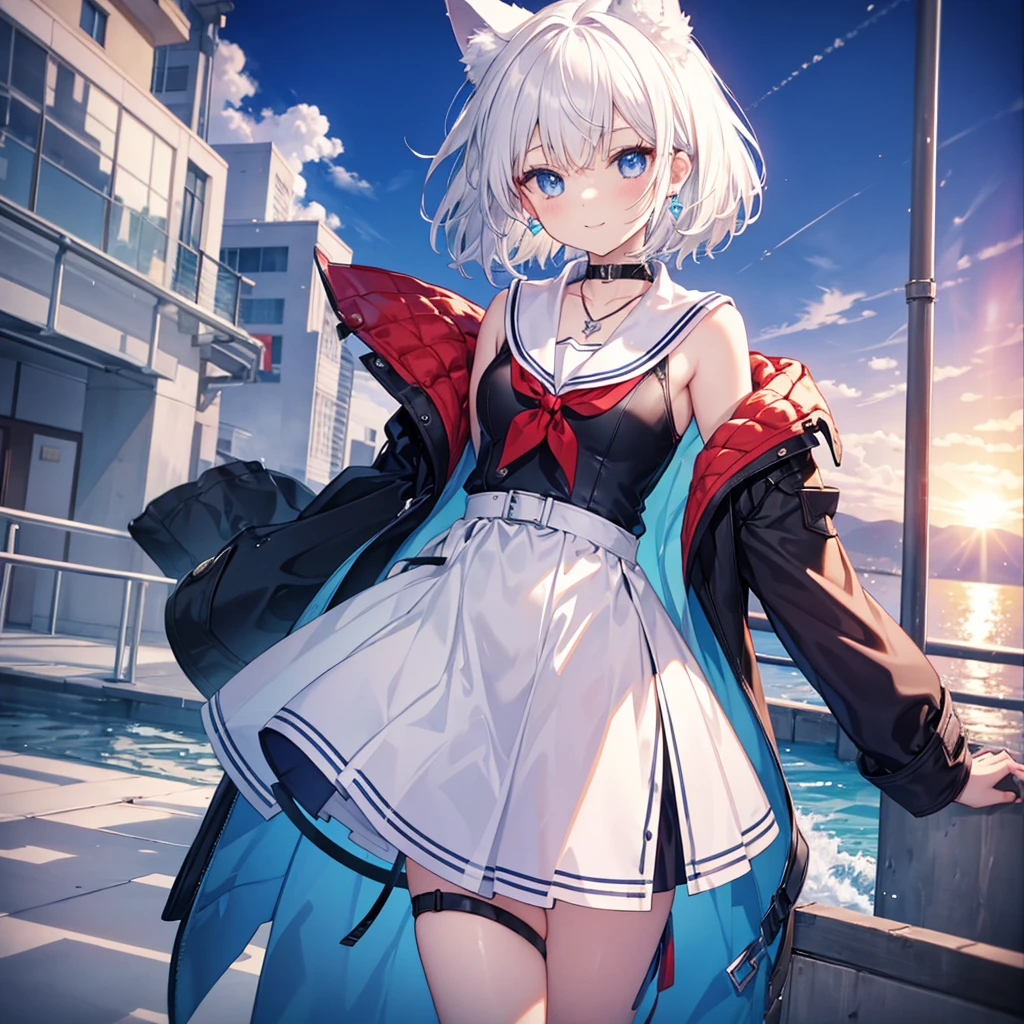 White Hair　blue eyes　short hair　Have　student　Cat ear　nice　Blue Earrings　necklace　gloves　beauty　thin　Sailor suit　Put on a black coat　Fantasy　smile　coastal　sunset　Fluffy hair