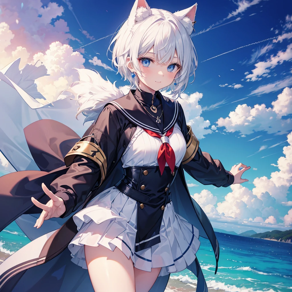White Hair blue eyes short hair Have student Cat ear nice Blue Earrings necklace gloves beauty thin Sailor suit Put on a black coat Fantasy smile coastal sunset Fluffy hair