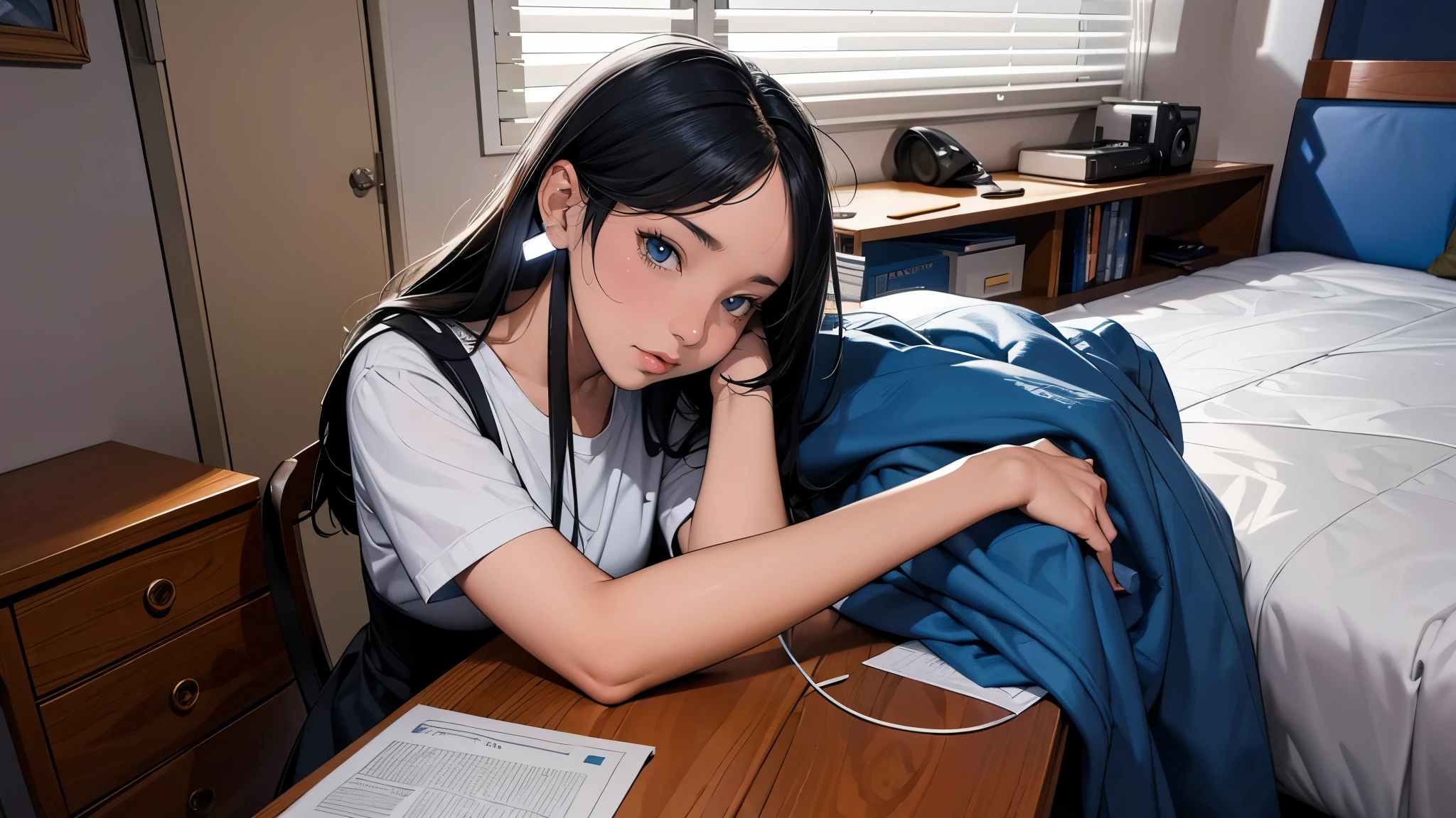 Ultra HD、super high quality、masterpiece、detailed、8K、The place is your room、A high school girl in her room1Person sitting and listening to music on headphones、Studying at a desk、The room is small、15-year-old high school girl、The high school girl is Russian and has long black hair.、Has blue eyes、Has a glamorous figure、The clothes she's wearing are a camisole, a miniskirt, and knee-high socks.、Or wearing a uniform、Pretty sexy、Lo-Fi images,The background is blurred、Nostalgic and relaxing atmosphere、The decorations are retro.、Late Night、The light is a desk lamp