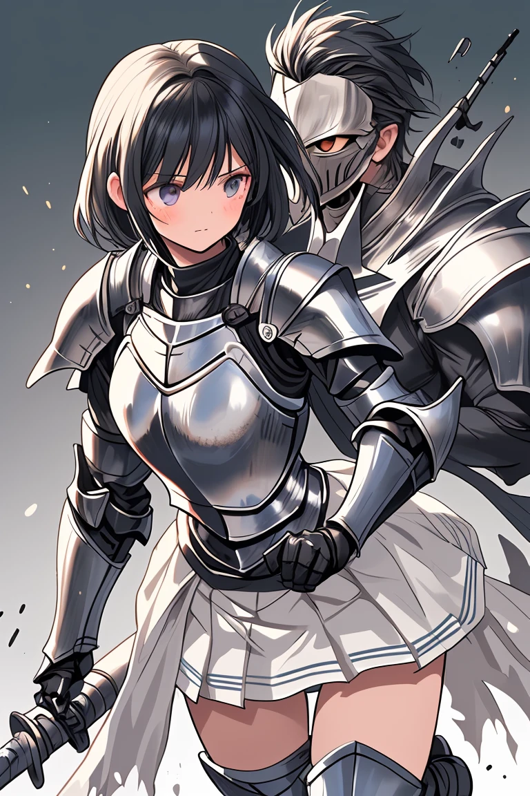 female knight　Black Hair　armor　Torn white skirt　No underwear　battlefield
