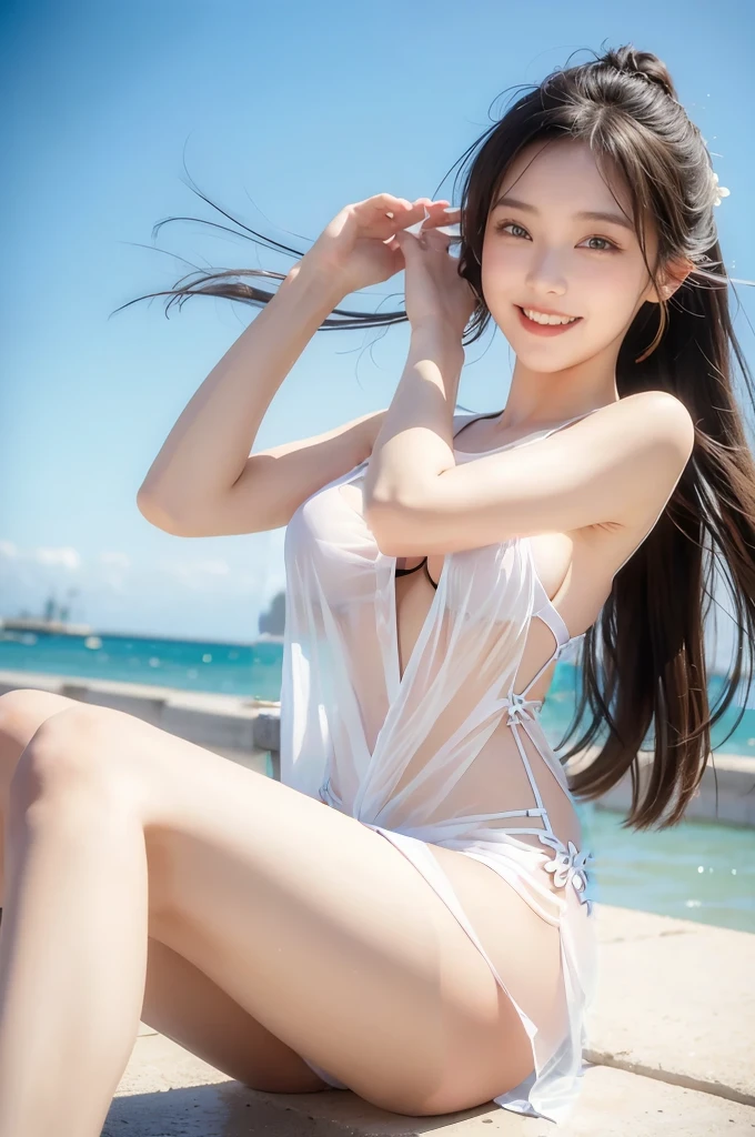 Asian woman in a bold and sexy open-chested see-through dress sitting on a ledge near the sea, It's hot with the shining sun, realistic Young Gravure Idol, Young and cute gravure idol, Gorgeous Chinese Model, Trending on cgstation, Young Gravure Idol, Trending on cgstation, Gorgeous Young Korean Woman, Young and sexy gravure idol, Young and skinny gravure idol, Beautiful Asian Girl, Li Zixin