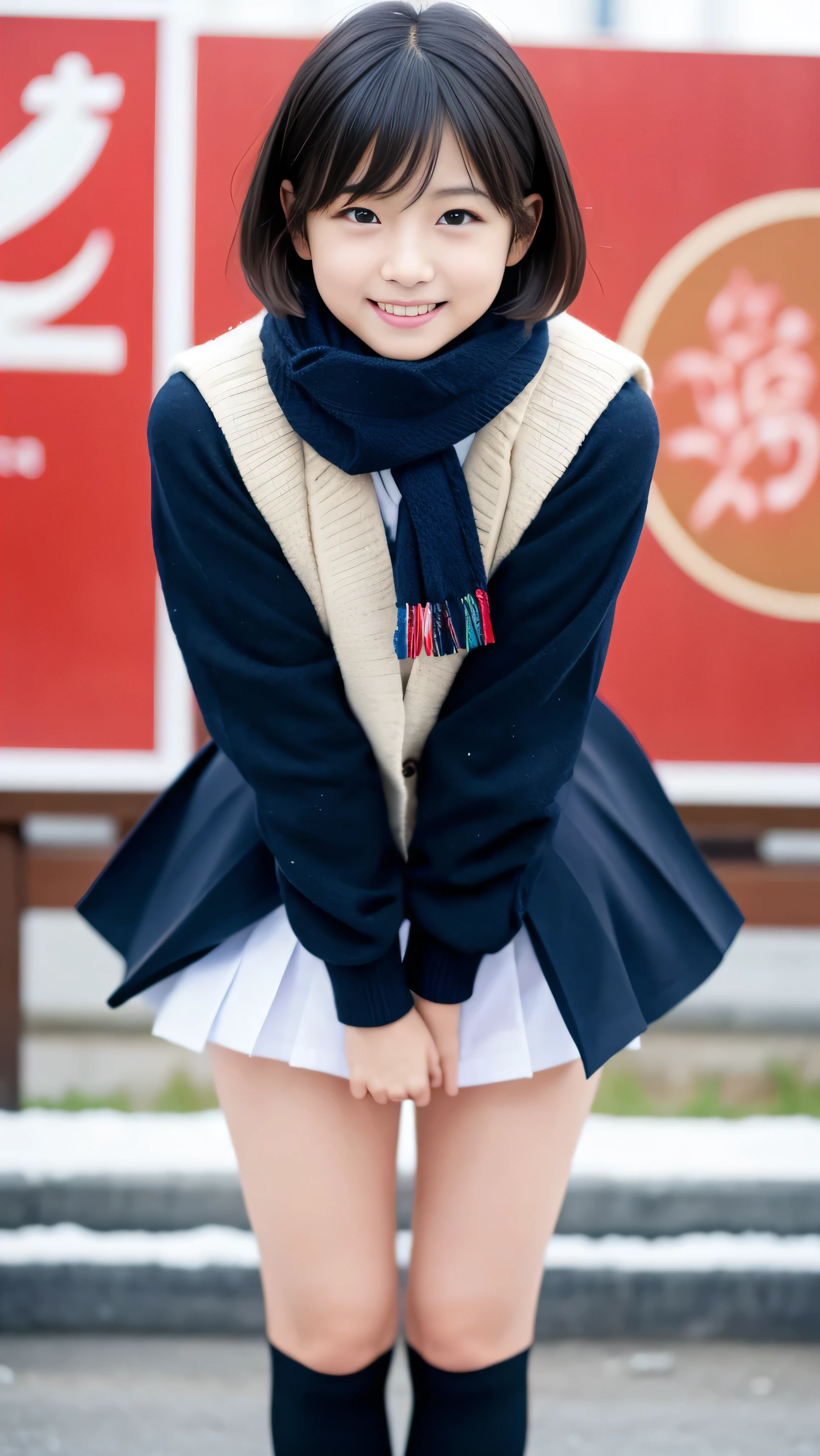 Best-quality, Masterpiece, Ultra-High-Resolution, (Photorealistic:1.4), Raw-Photo, Extremely-Details, Perfect-Anatomy,
1girl, at winter Japanese schoolyard, 15-years-old, most popular Japanese idol,
drinking very hot canned cocoa, looking at viewer, innocent smile,
extremely cute face like a most famous Japanese idol, extremely beautiful big black solid circle eyes, extremely beautiful short-cut-haired, extremely beautiful thighs, extremely beautiful legs,
(wearing Japanese school winter uniform, colorful scarf, navy blue pleated skirt),
detailed cute face, detailed beautiful big black solid circle eyes, detailed beautiful short-cut-haired, detailed beautiful thighs, detailed beautiful legs,
detailed Japanese high school winter uniform, detailed navy blue pleated skirt, detailed white cotton panties, detailed white sox, detailed black loafer shoes, detailed very hot canned cocoa, detailed lots of steam from very hot canned cocoa