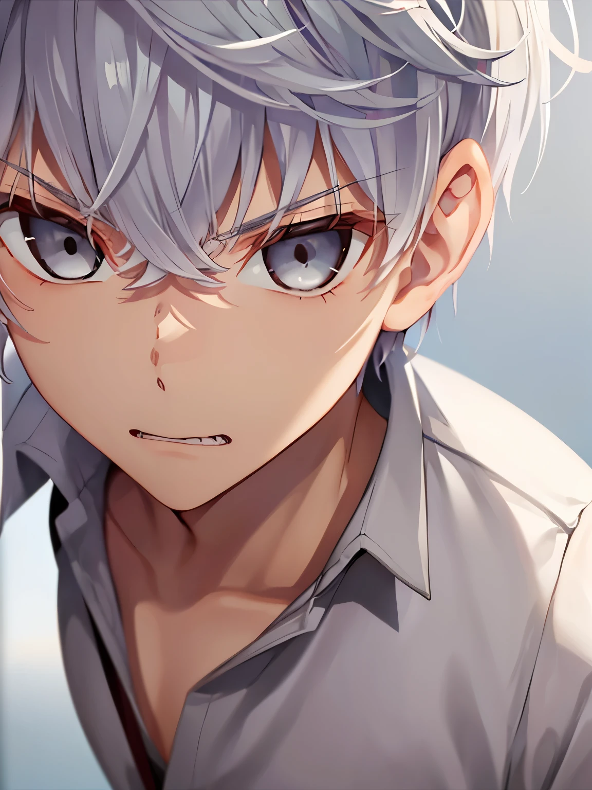 1 adult man, solo,20 years old,solo, male focus, grey hair, grey eyes, short hair, hair between eyes, bangs,White shirt, brown trousers, standing,Angry expression, close up photo