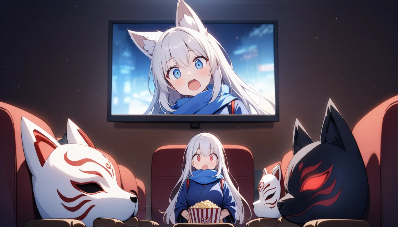 Movie viewing、profile、movie theatre、Surprised、Looking at the screen with his mouth wide open, watching a movie while eating popcorn、Watch videoasterpiece, best quality:1.2), 1girl, 独奏,Wolf girl, fox mask, ninja, girl, long white hair, odd eyes, blue kimono, ninja girl, red and blue scarf,, light coming in, fantastic atmosphere.night、Shadows of light and darkness、Eyes glowing in the dark、Black fox mask、、long hair that spreads、Glued to the screen