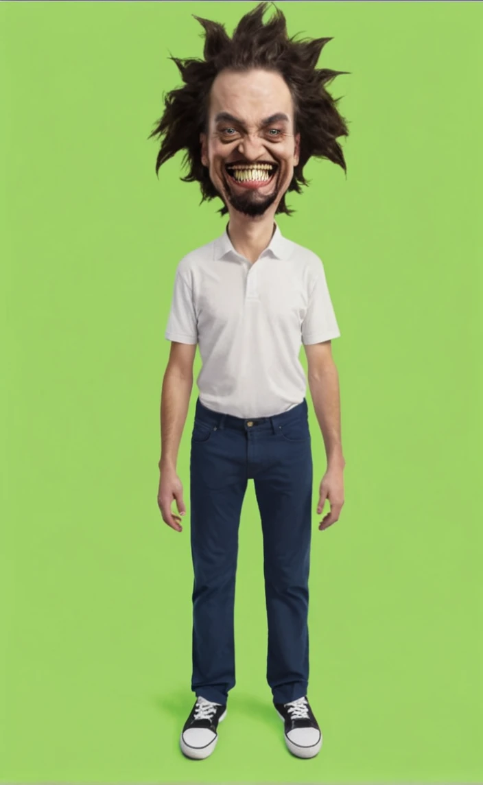 Reproduce this realistic tall photo,transform this man with venom smile,Caucasian skin,beggar&#39;s clothes,Eyes red,vampire style