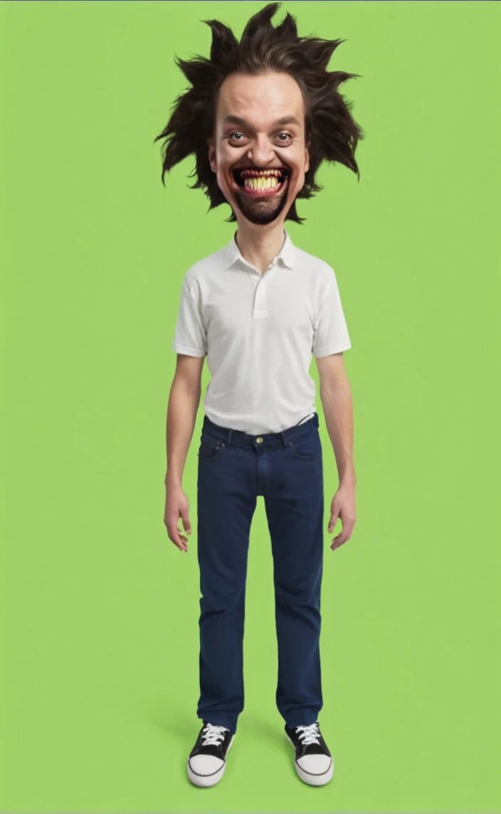Reproduce this realistic tall photo,transform this man with venom smile,Caucasian skin,beggar's clothes,Eyes red,vampire style