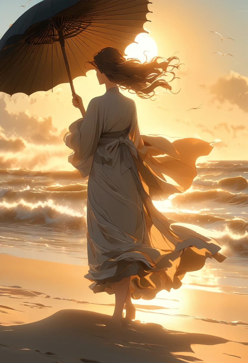 ((Masterpiece)), ((Best Quality)), (Very Detailed), ((Very Detailed)), 4K, (8K), very aesthetic, absurdres highres, A woman walks on the beach with a simple black parasol, wiping her sweat in the strong sunlight. Her summer clothes are wrinkled and sweat marks are visible. In the background is the ocean, with waves rolling in. The whole atmosphere is warm and quiet,