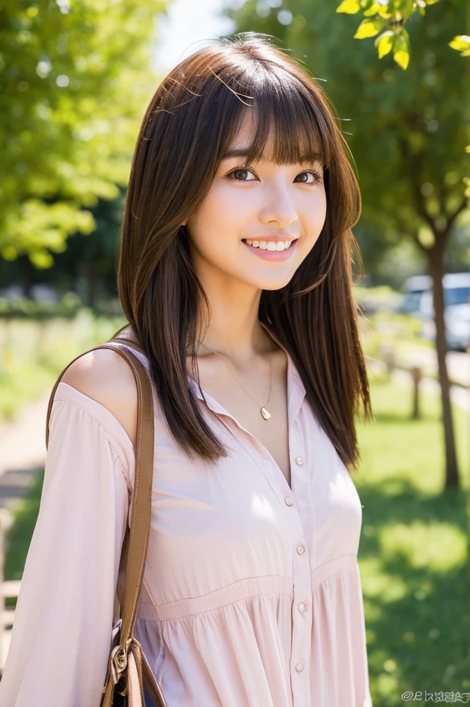 Woman travelling with no money, wearing dirty and tattered clothes and carrying a backpack, rural town in western USA, rental house, senior year in college, ((full body)), ((photo)), ((best qualtiy, 8K, tmasterpiece:1.3)), Focus:1.2, perfect figure beautiful girl:1.4, 1girl, cowboy shot, look at viewer, incredibly absurd, beautiful and cute girl with a photorealistic face, showcasing top-quality craftsmanship, A Japanese woman walking around town as a backpacker, 20 years old, very short brown hair, short bangs, longer hair on the sides, soft hair with a beautiful flow, clear facial features, large light brown eyes, double eyelids, long eyelashes, small nose, plump pink lips, white teeth, impressive smile, gentle eyes, fair and smooth skin, tall, glamorous, slender, 163cm tall, large G-cup breasts, simple and casual style, fashion that emphasizes her chest, earrings, necklace, favorite camera, cheerful and energetic older sister, beautiful girl, pretty, leader, curious, proactive, positive, sticks to her beliefs, sociable, honest, good at encouraging others, polite, walks with a spring in her step, September