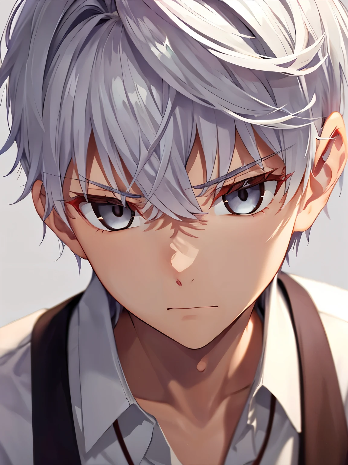 1 adult man, solo,20 years old,solo, male focus, grey hair, grey eyes, short hair, hair between eyes, bangs,White shirt, brown trousers, standing,Angry expression, close up photo