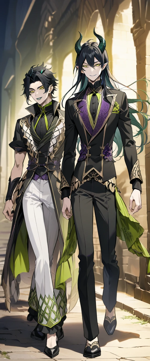 masterpiece, best quality,  full body shot, looking at another(1nd boy, malleus draconia \(twisted wonderland\) horns, bishounen, boy, male, yana Toboso style, long hair, black hair, yellow green eyes, smile, gray lips, handsome, skinny, tall, yellow green glow, anime style), Walking slowly,