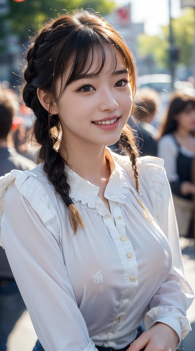 Highest quality, Realistic, 1peopleの女の子, woman,(Skin Dentition), Mid-chest, (bright), (Professional Lighting, Bokeh), (street), people々, crowd, Braided bangs, (blouse:1.5), (I wore:0.8), nice, bloom, Floating Hair, (Dynamic pose:0.6) , Soft lighting, ,((( She is being made to cum)))