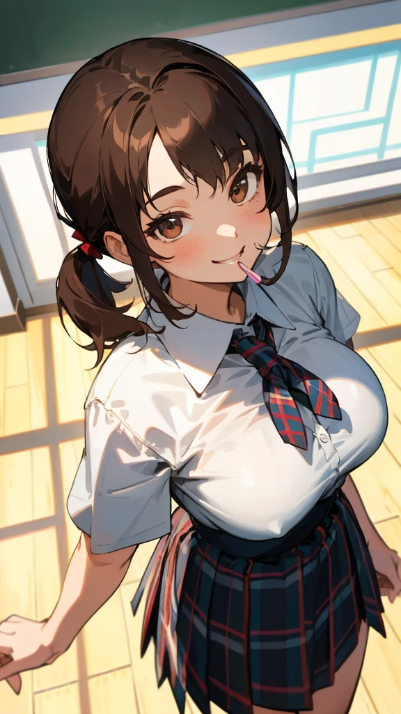 ​masterpiece, top-quality,  dark brown hair:1.5、straight haired、Pony tail、Brown eyes、Big breasts、White blouse shirt, Tartan checked skirt, The upper part of the body, From  above, Look at viewers, cheeky grin, Grinning, After-school classroom、Holding a lollipop in your right hand