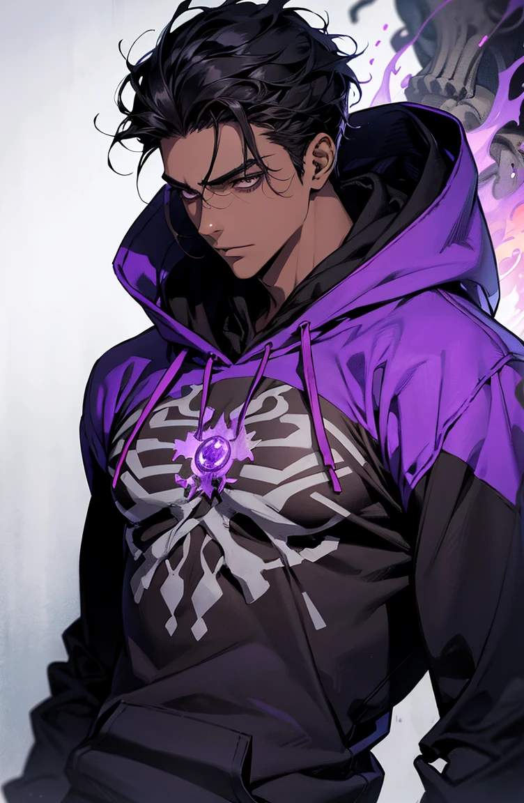 male with bones, looking away from camera, skulls, bones, handsome, black, dark skin, tall, broad shoulders, black hair, purple, purple fire, magic, detailed face, fantasy, hoodie
