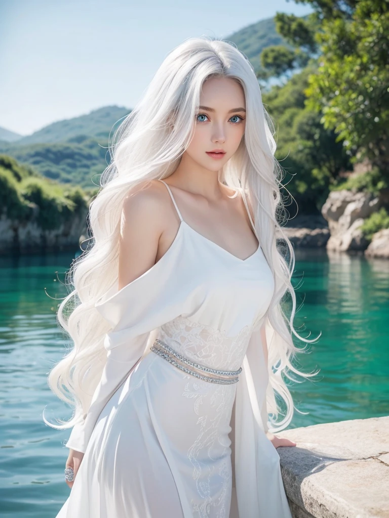 1 woman, White long curly hair,Natural and beautiful hair,The background is simple, clean and beautiful. White hair. Close lips. Water magic. Elegante. Ropa elegante. Blue natural eyes. Drink.