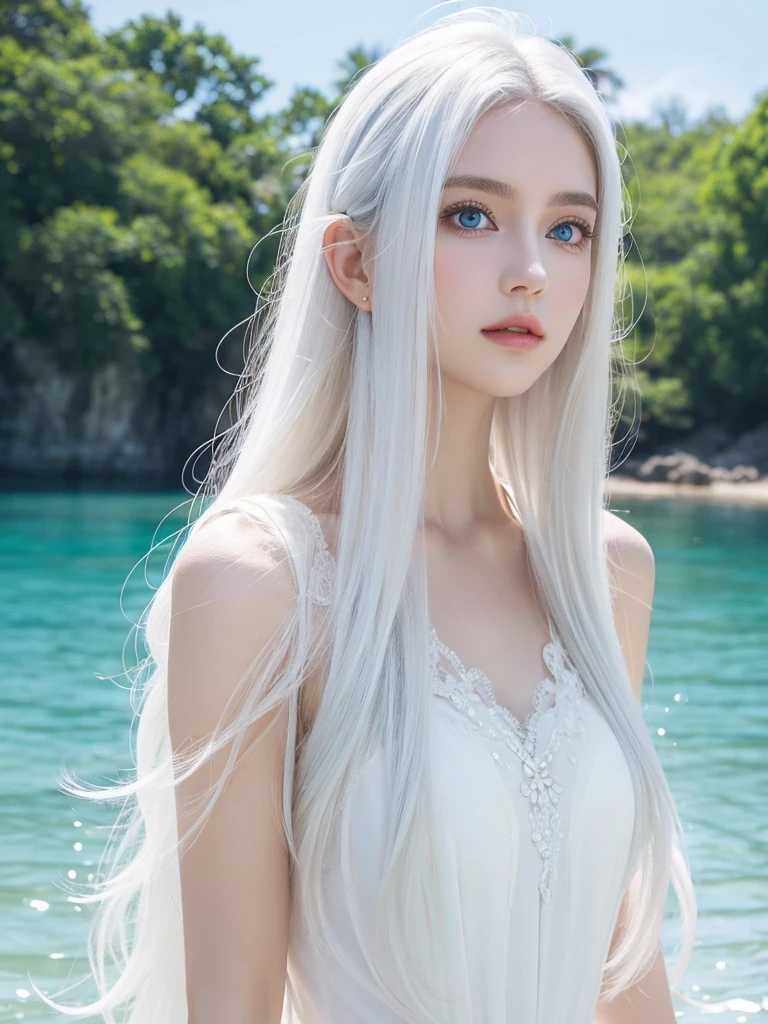 Long white hair, blue eyes, white skin , jeju island Korea 