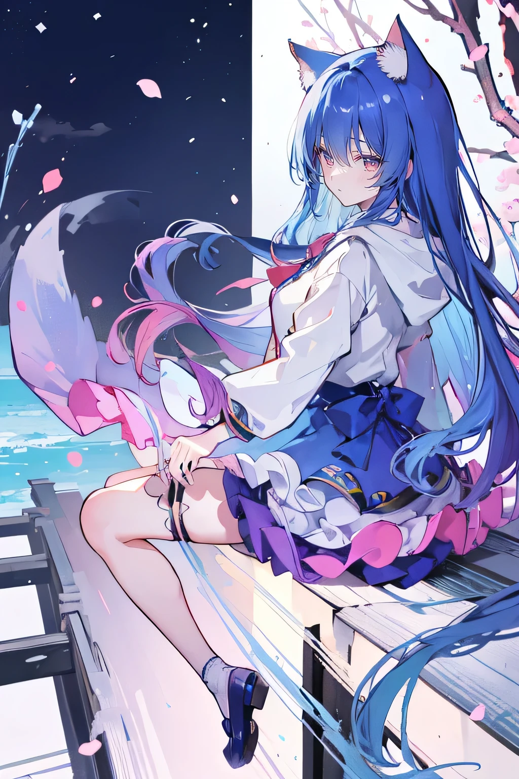 （masterpiece：1.2），Super detailed，lifelike，Expressive eyes，fair skin，perfect face shape，1 girl，
Japanese comics,Gorgeous blue hair,flowing blue hair,flowing clothes,Cat ears,Petals fall,beautiful lola,Baby Angel,
Shaking head with one hand，Cross your legs，Gentle and peaceful background，The pavilion is cool and comfortable,smile, wearing hoodie, background of tokyo,back views,snowing, winter.