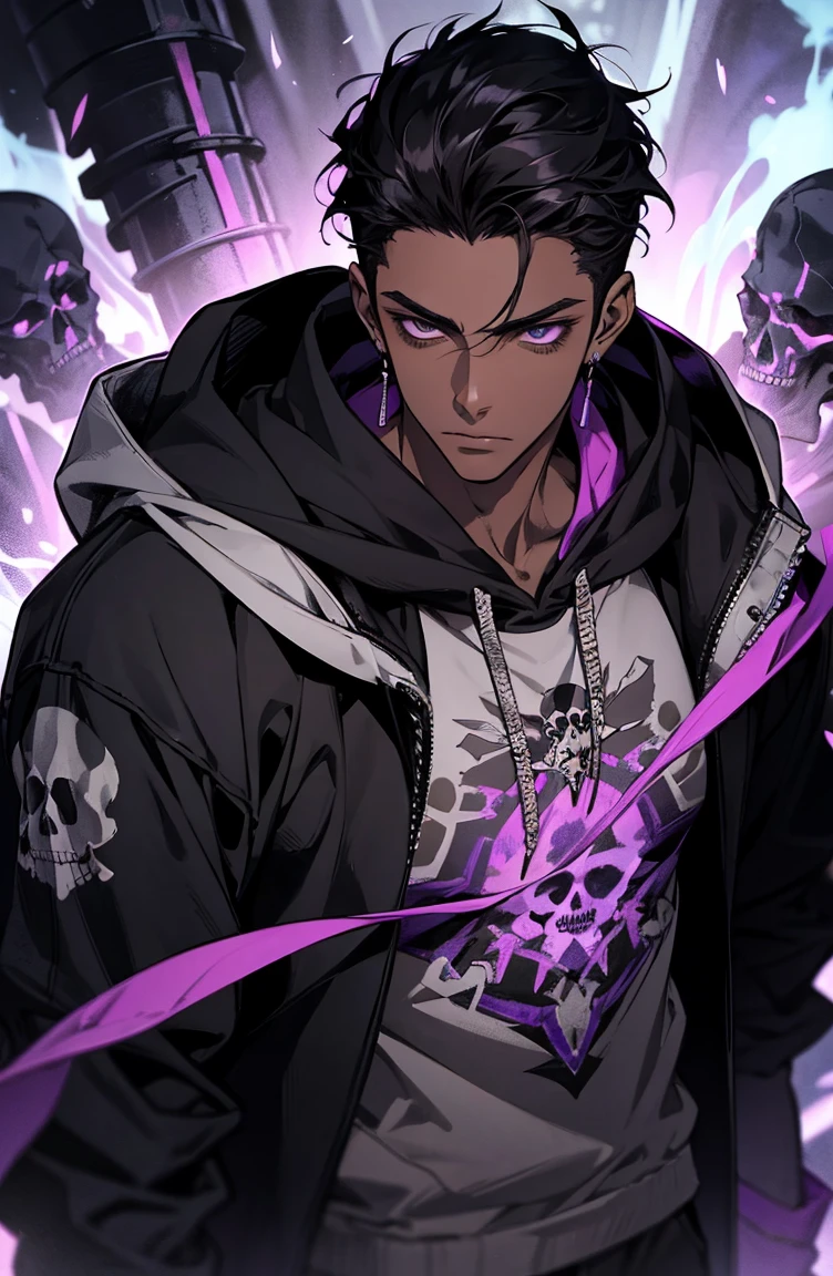 male with bones, looking away from camera, skulls, bones, handsome, black, dark skin, tall, broad shoulders, black hair, purple, purple fire, magic, detailed face, fantasy, hoodie