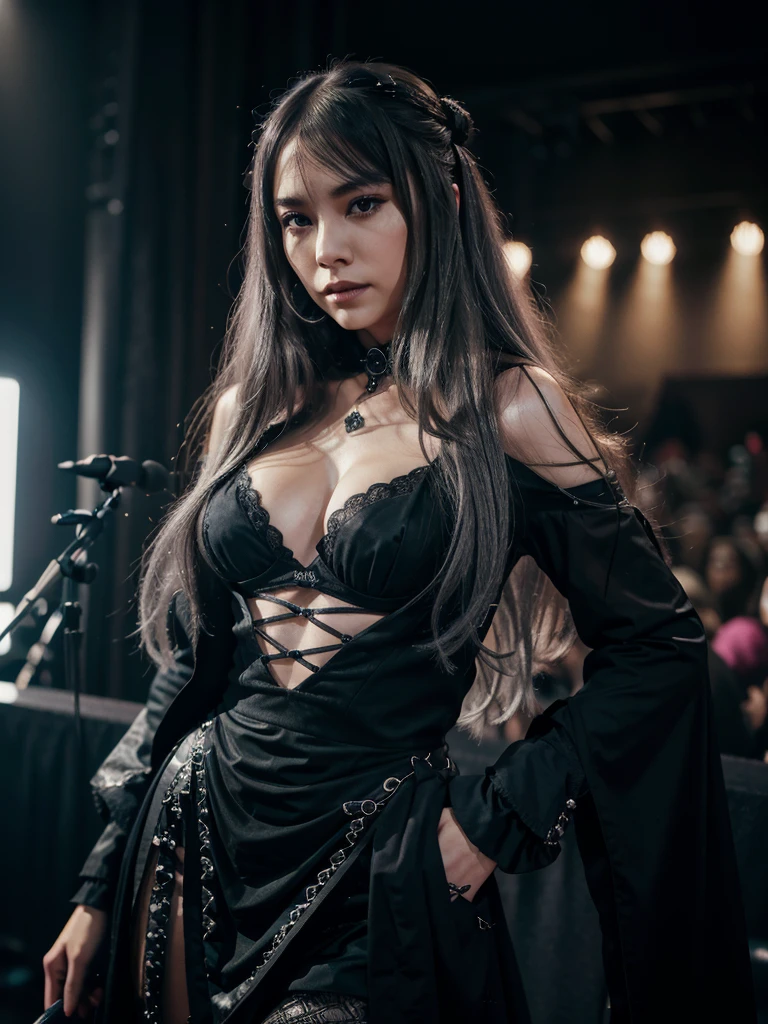 a stylish, dark-themed ensemble with elegant gothic elements. Her long, silver hair should flow gracefully, with strands framing her face. Yukina's expression should be confident and intense, capturing her strong and determined personality as the lead vocalist of Roselia. The background should be a concert stage with dramatic lighting and effects, emphasizing the electrifying atmosphere of a live performance. Pay attention to the intricate details of her outfit, including any accessories and the microphone she holds