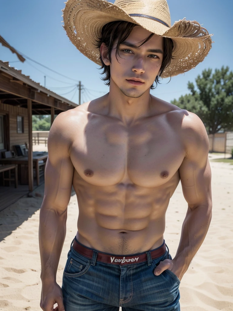 An attractive cowboy man on an extremely hot day, The day is so hot that you should be in your underwear.