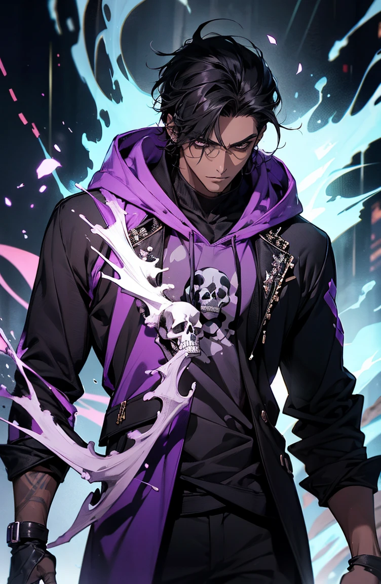 male with bones, looking away from camera, skulls, bones, handsome, black, dark skin, tall, broad shoulders, black hair, purple, purple fire, magic, detailed face, fantasy, hoodie
