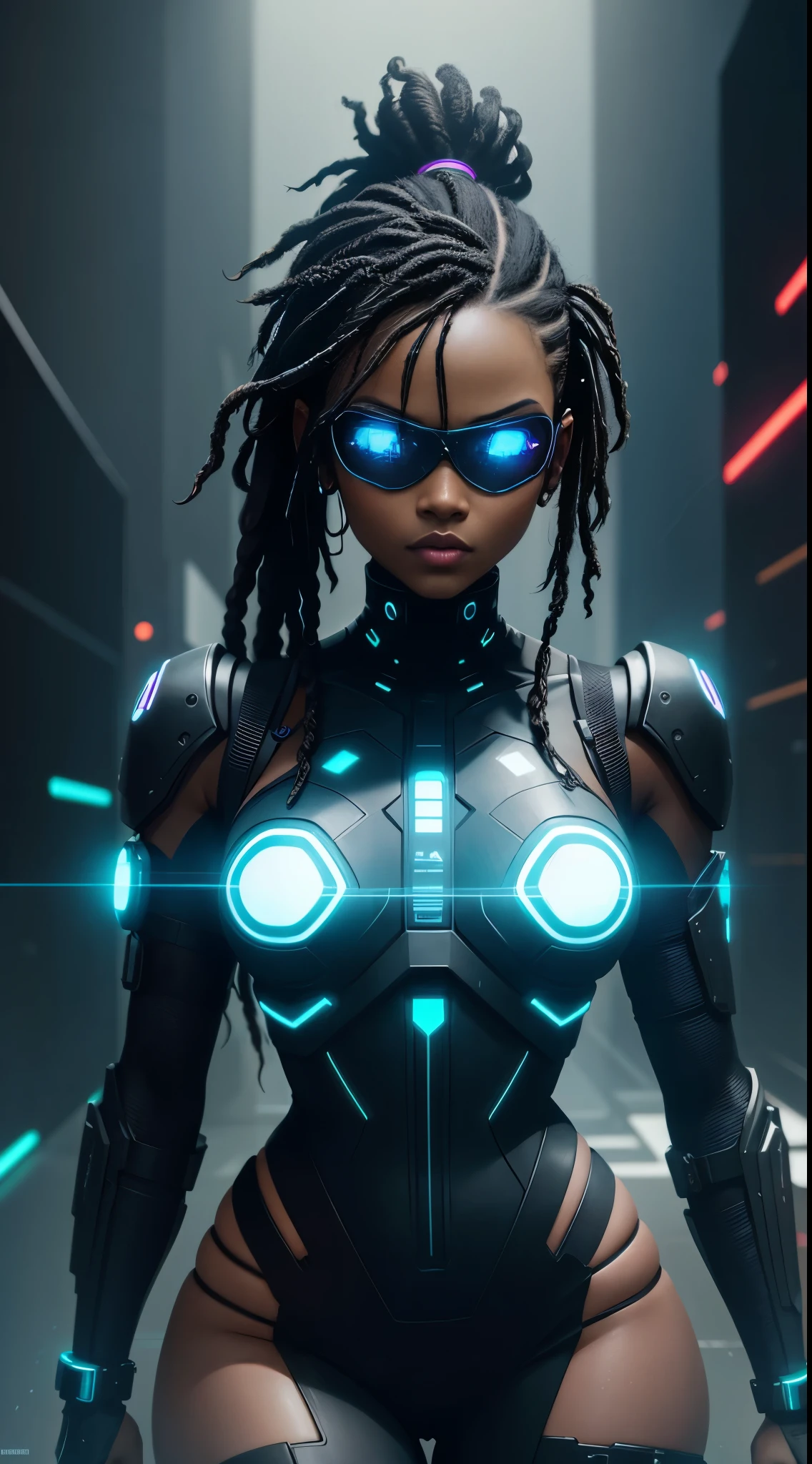 Cyberpunk style, ebony avatar, cyberspace, wireframe, matrix, tron, minimal, abstract, virtual reality, black background, neon lights, virtual interface, looking at camera, (ebony), dreads, sexy, thic, vr headset