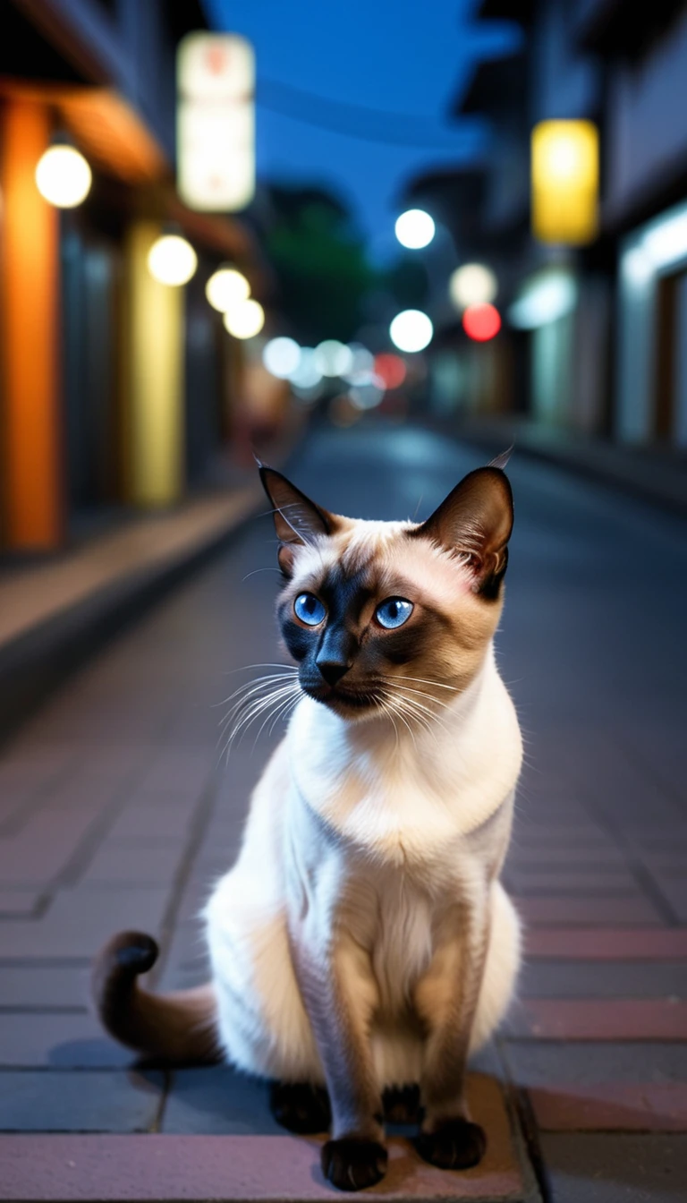 There is no one, realistic photo, photo realism, realism,  siam (Siamese) cat, perfect composition, intricate details, Very sharp, masterpiece, profile, high resolution, looking at viewer, full body photo in city night view