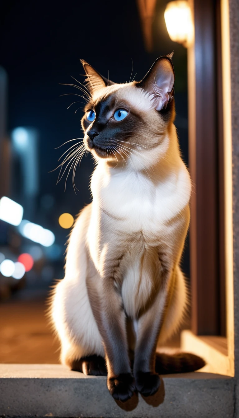 There is no one, realistic photo, photo realism, realism, siam (Siamese) cat, perfect composition, intricate details, Very sharp, masterpiece, profile, high resolution, looking at viewer, full body photo in city night view