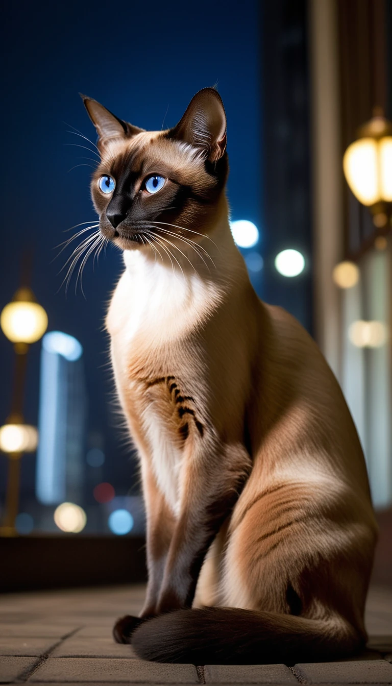 There is no one, realistic photo, photo realism, realism,  siam (Siamese) cat, perfect composition, intricate details, Very sharp, masterpiece, profile, high resolution, looking at viewer, full body photo in city night view