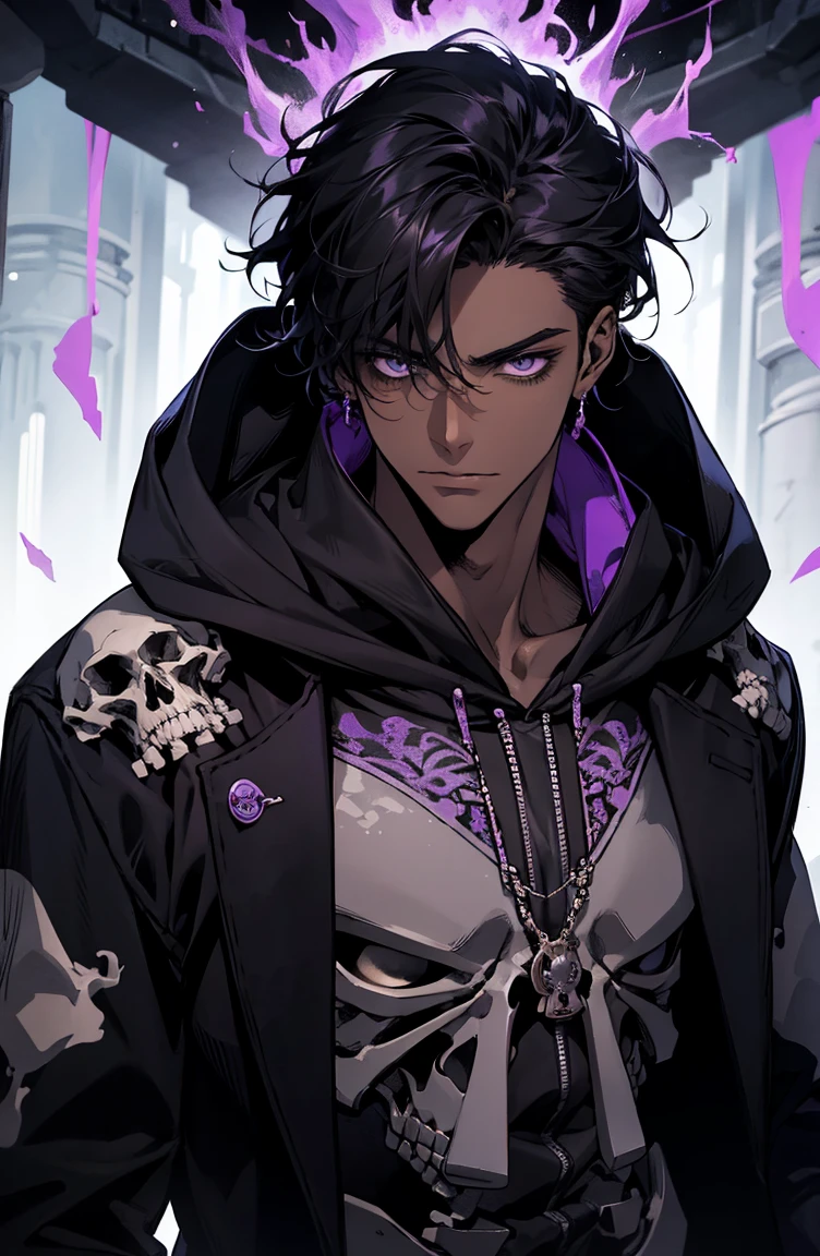 male with bones, looking away from camera, skulls, bones, handsome, black, dark skin, tall, broad shoulders, black hair, purple, purple fire, magic, detailed face, fantasy, hoodie
