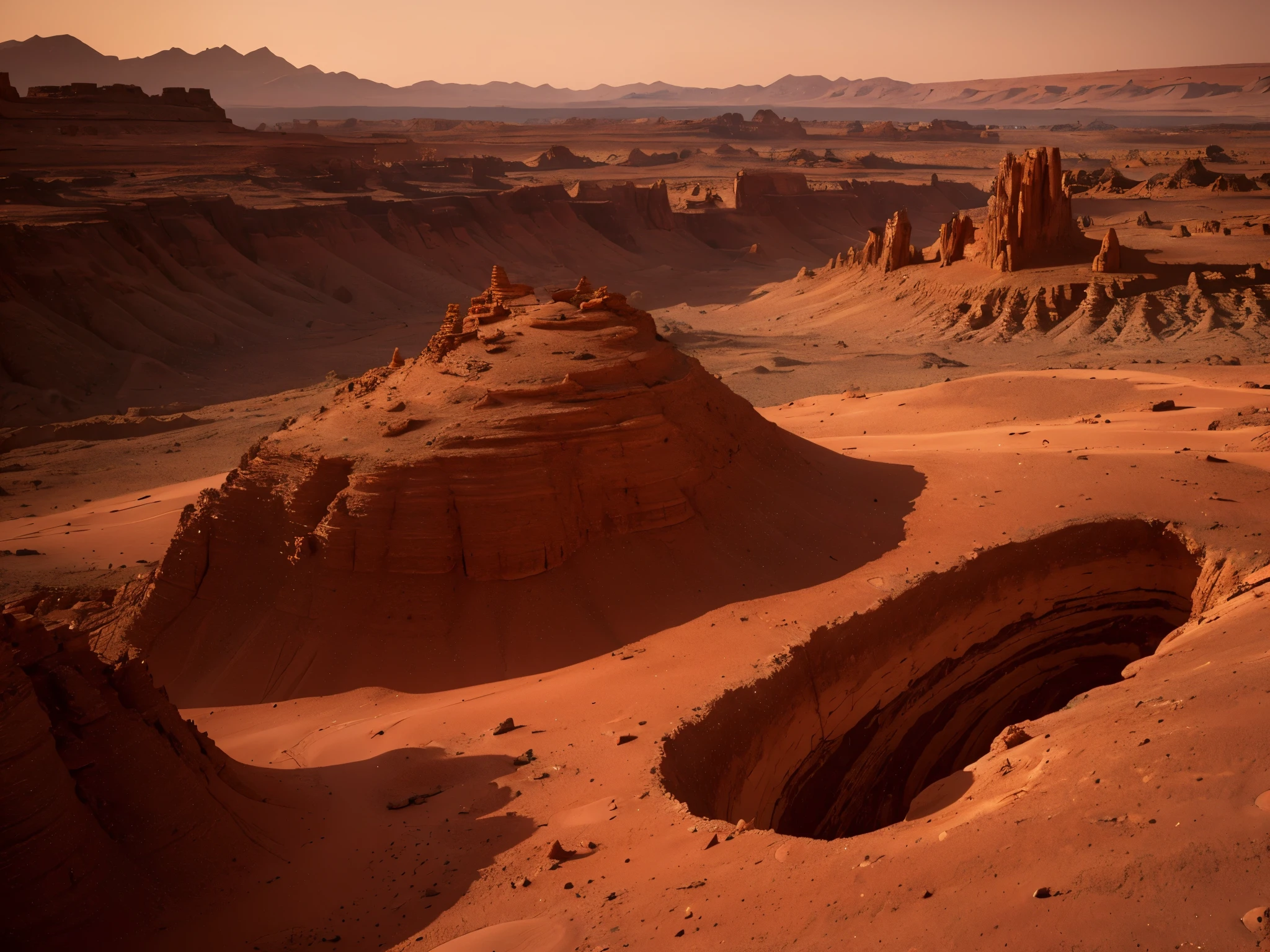 A mesmerizingly rugged Martian landscape, every feature teeming with ancient history: jagged rock formations in dusty reds and oranges, winding riverbeds etched into the barren ground, and distant mountains silhouetted against a blood-red sky. This awe-inspiring scene is captured in a stunning high-definition photograph, showcasing the intricacies of the planet's unique topography. The image beautifully showcases the raw, untamed beauty of Mars, inviting viewers to explore its otherworldly terrain.