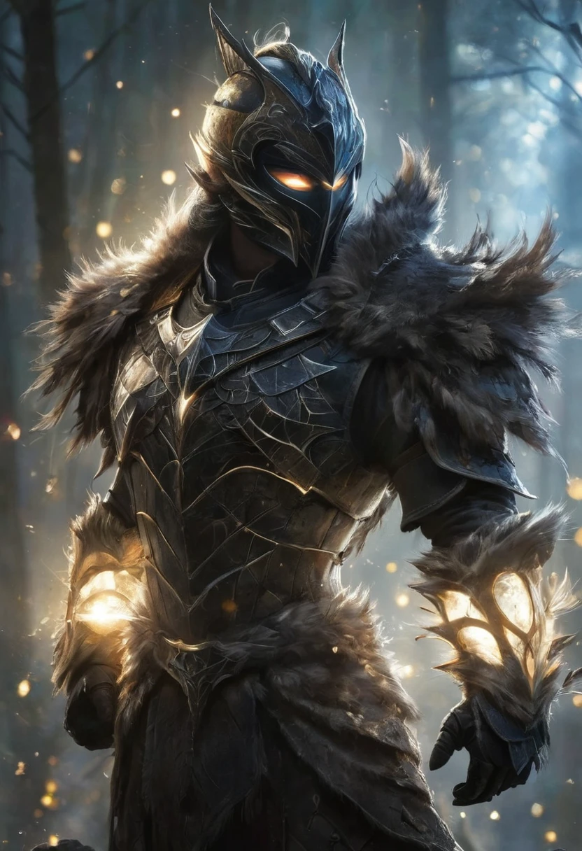 A ghostly female silhouette. Messenger of the God Nature. Exiled shaman. Full face mask. lightweight armour. cracked armor. Canvas hood. Runic Circle. elements. Power from within. glare eyes. Bokeh Blur. ral-dissolve.Photorealistic BadDream,