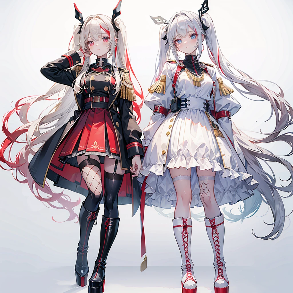 Two girls, one with beige hair and very red eyes, the other with white hair and blue eyes, pigtails, long hair, white background, colorful jewels, light, high quality, military uniform, standing back to back, fishnet stockings, platform boots