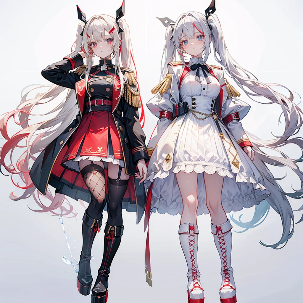 Two girls, one with beige hair and very red eyes, the other with white hair and blue eyes, pigtails, long hair, white background, colorful jewels, light, high quality, military uniform, standing back to back, fishnet stockings, platform boots