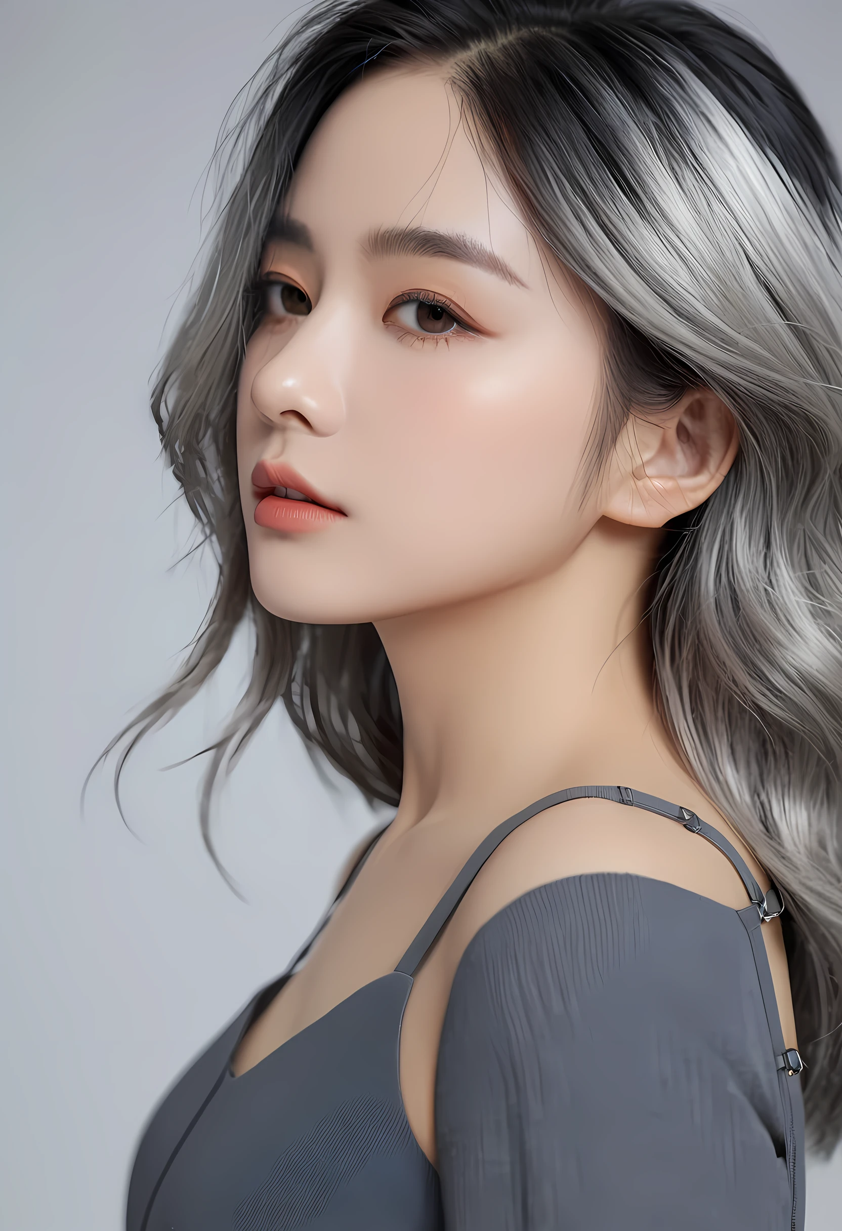 highly detailed, 8K, masterpiece, 1 Girl, Gray two-tone_hair, skirt , , (perfect_Face), Gorgeous, complex, Dramatic Lighting, 4K, detailed_background, Caustic lines, portrait, , from_side