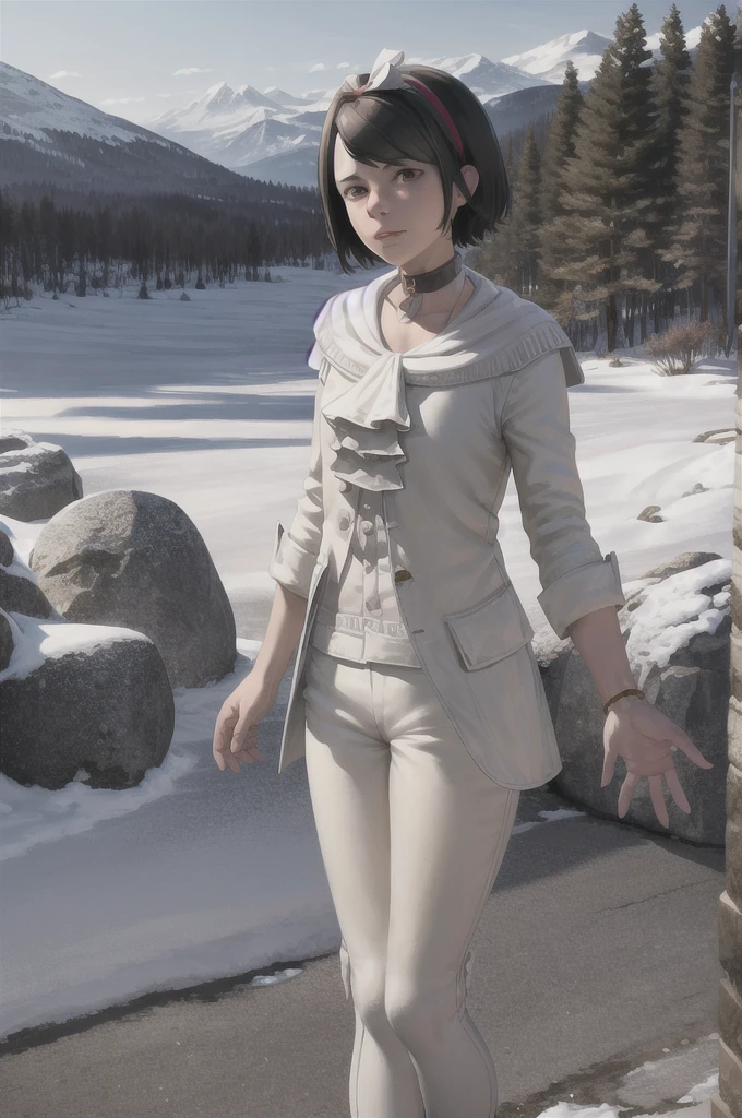 masterpiece, best quality, 1girl, ekaldwin, black hair, short hair, brown eyes, hairband, choker, white pants, upper body, looking at viewer, outdoors, winter, snow, trees, moutains in background