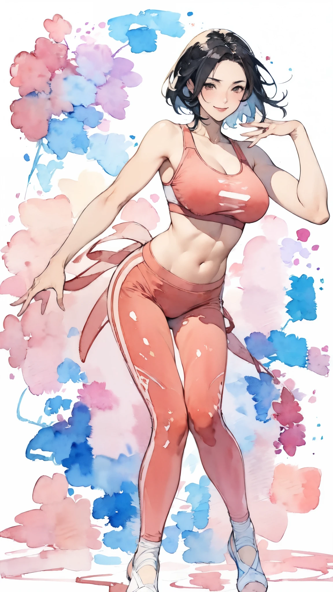 (masterpiece:1.2, Highest quality),(Very detailed),(((watercolor))),8K,wallpaper,(leggings),(Sports Bra),Gravure photoshoot,Middle-aged women,50 years old,Japanese women,ゴージャスなwhole bodyの肖像画,A lovely and delicate face,((Muscular)),(Beautiful Muscles),(Black Hair),(((front))),(((whole body:1.5))),(smile),((Detailed hand drawing)),((Beautiful female hands)),(Big Breasts),(((透明watercolor:1.4))),(((Have a dynamic dance)))