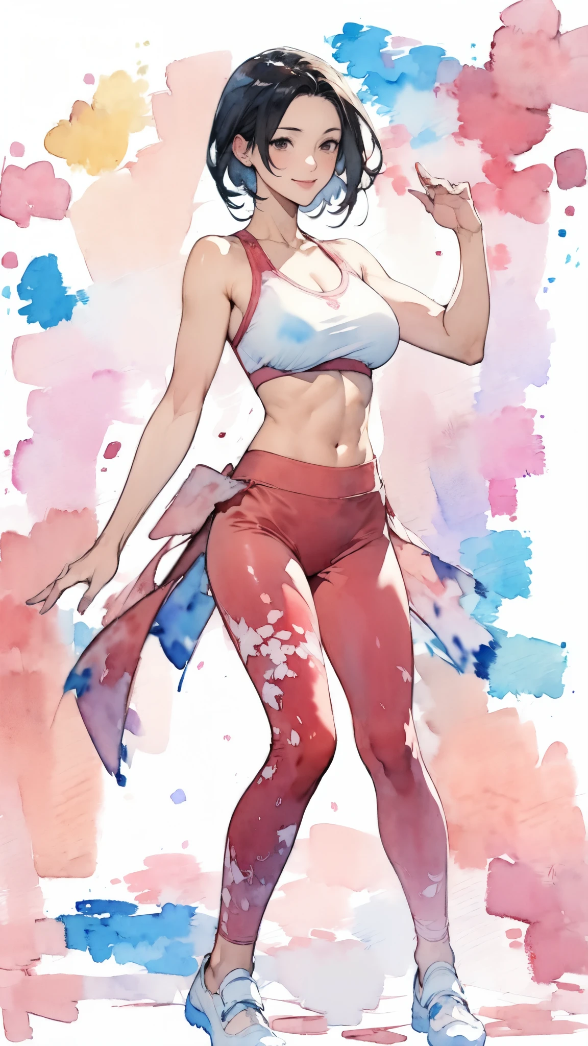 (masterpiece:1.2, Highest quality),(Very detailed),(((watercolor))),8K,wallpaper,(leggings),(Sports Bra),Gravure photoshoot,Middle-aged women,50 years old,Japanese women,ゴージャスなwhole bodyの肖像画,A lovely and delicate face,((Muscular)),(Beautiful Muscles),(Black Hair),(((front))),(((whole body:1.5))),(smile),((Detailed hand drawing)),((Beautiful female hands)),(Big Breasts),(((透明watercolor:1.4))),(((Have a dynamic dance)))