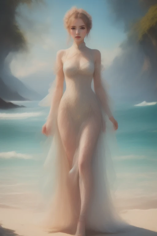 1 girl,beautiful,Magic style,best quality,Masterpiece,(rainbow candy:0.8),(half body:1.3),ocean,Cool tones,low saturation,