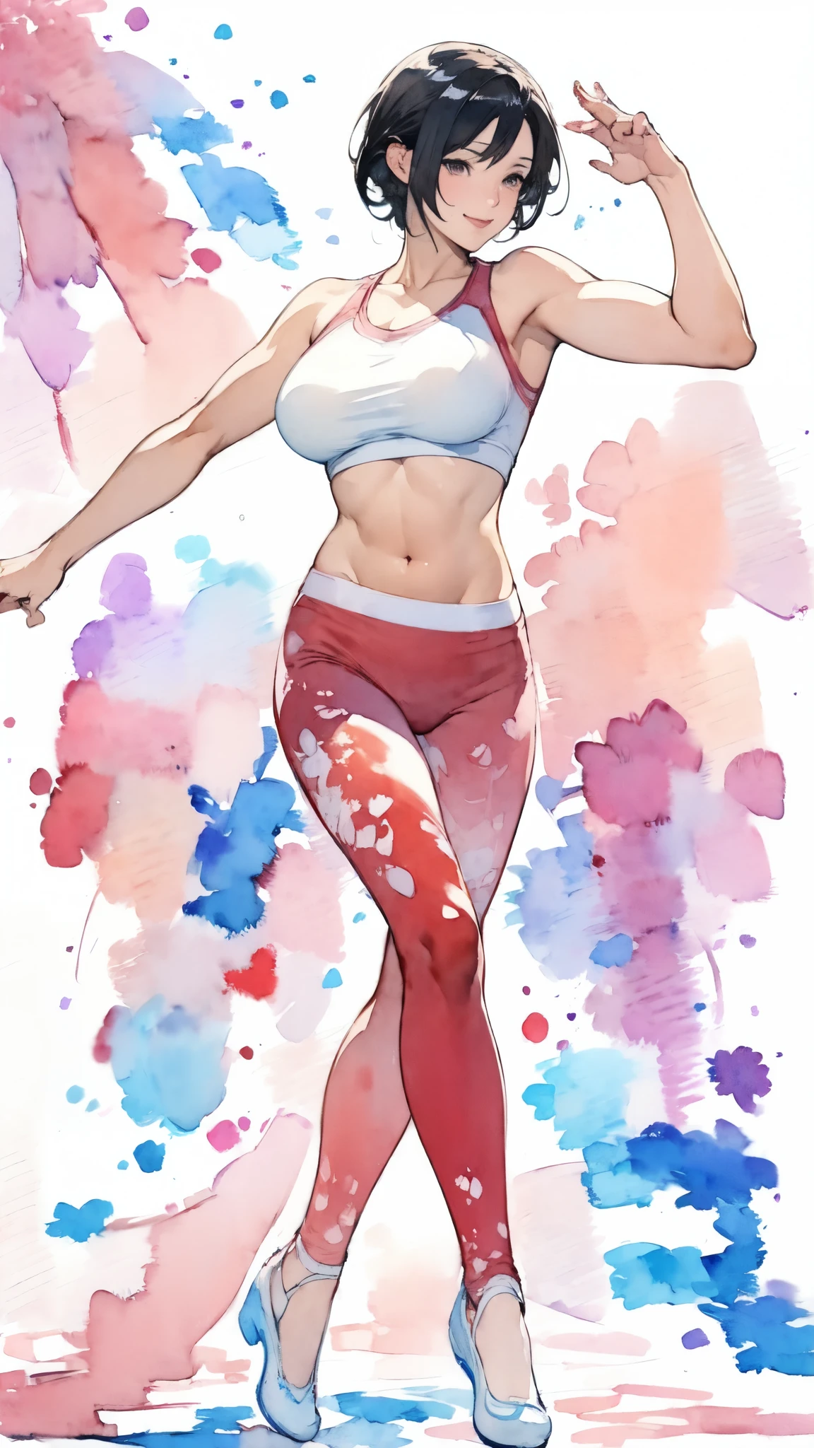 (masterpiece:1.2, Highest quality),(Very detailed),(((watercolor))),8K,wallpaper,(leggings),(Sports Bra),Gravure photoshoot,Middle-aged women,50 years old,Japanese women,ゴージャスなwhole bodyの肖像画,A lovely and delicate face,((Muscular)),(Beautiful Muscles),(Black Hair),(((front))),(((whole body:1.5))),(smile),((Detailed hand drawing)),((Beautiful female hands)),(Big Breasts),(((透明watercolor:1.4))),(((Have a dynamic dance)))