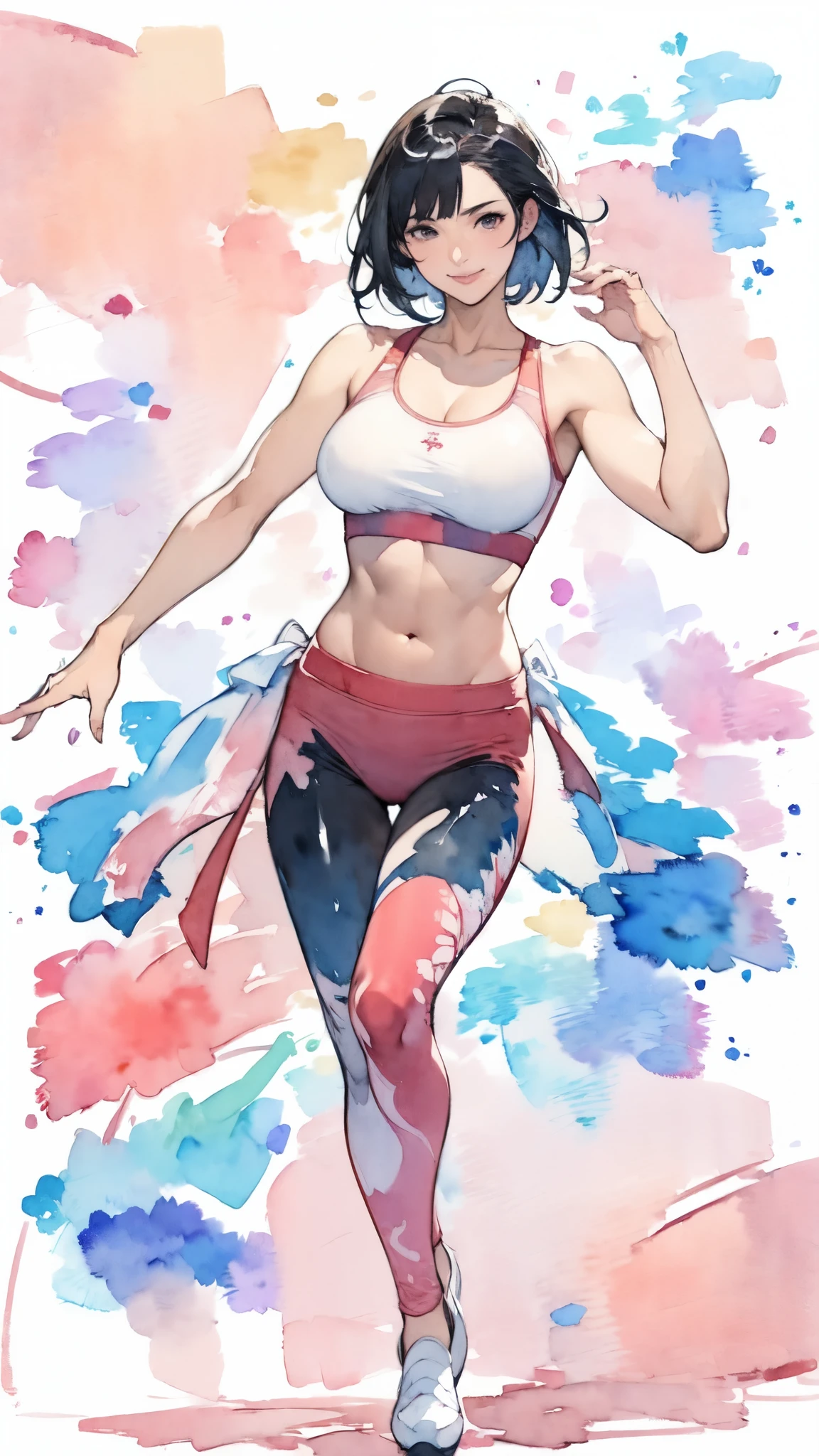 (masterpiece:1.2, Highest quality),(Very detailed),(((watercolor))),8K,wallpaper,(leggings),(Sports Bra),Gravure photoshoot,Middle-aged women,50 years old,Japanese women,ゴージャスなwhole bodyの肖像画,A lovely and delicate face,((Muscular)),(Beautiful Muscles),(Black Hair),(((front))),(((whole body:1.5))),(smile),((Detailed hand drawing)),((Beautiful female hands)),(Big Breasts),(((透明watercolor:1.4))),(((Have a dynamic dance)))