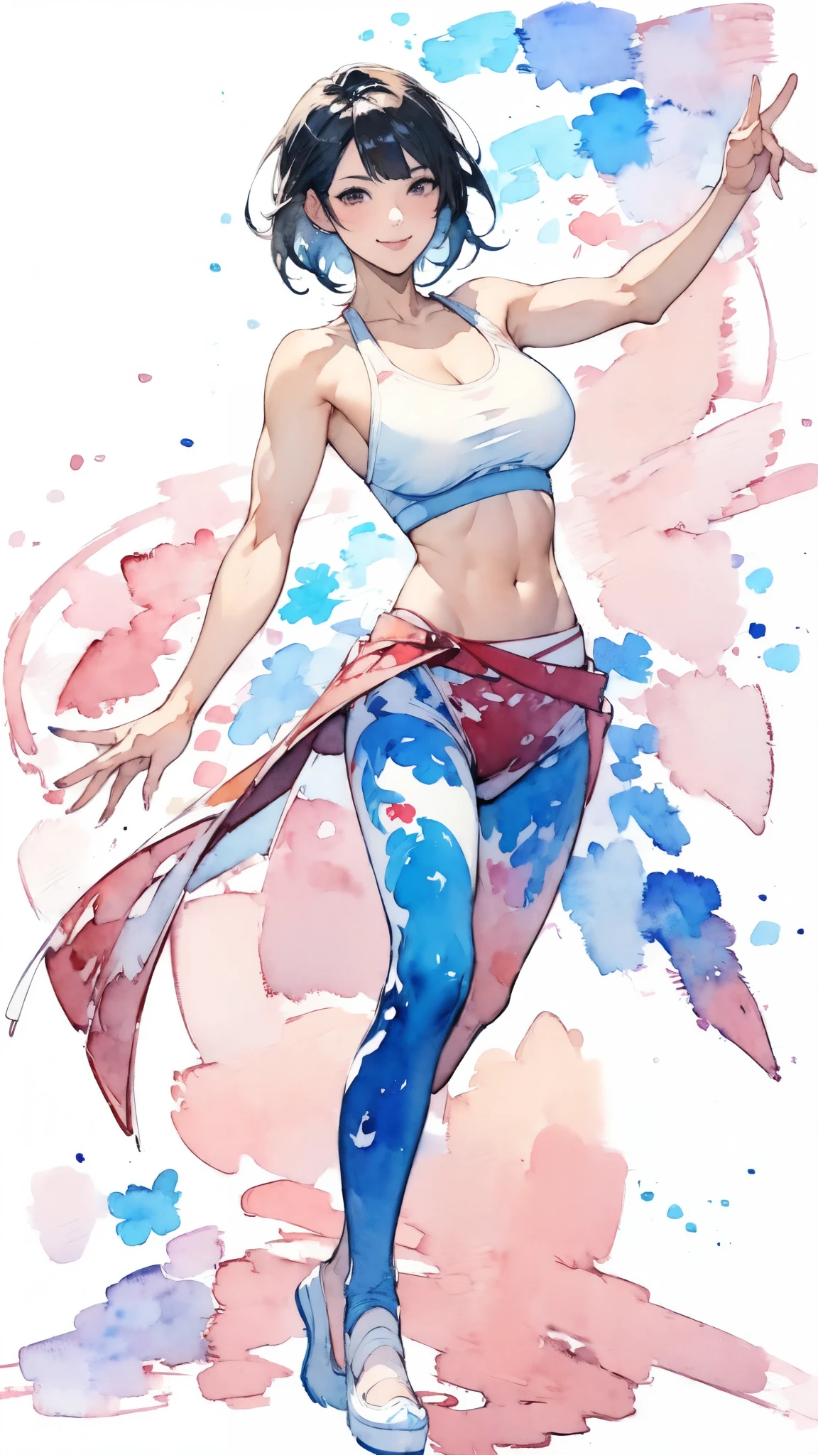 (masterpiece:1.2, Highest quality),(Very detailed),(((watercolor))),8K,wallpaper,(leggings),(Sports Bra),Gravure photoshoot,Middle-aged women,50 years old,Japanese women,ゴージャスなwhole bodyの肖像画,A lovely and delicate face,((Muscular)),(Beautiful Muscles),(Black Hair),(((front))),(((whole body:1.5))),(smile),((Detailed hand drawing)),((Beautiful female hands)),(Big Breasts),(((透明watercolor:1.4))),(((Have a dynamic dance)))