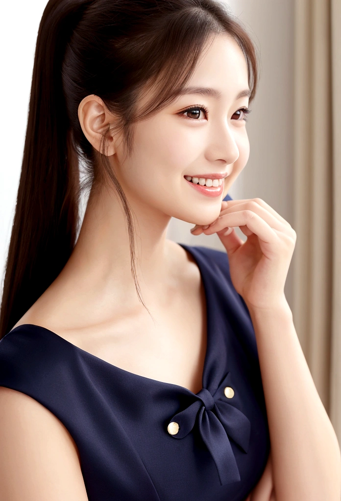A woman wearing a navy dress、20-year-old、ponytail、Looking at me、smile